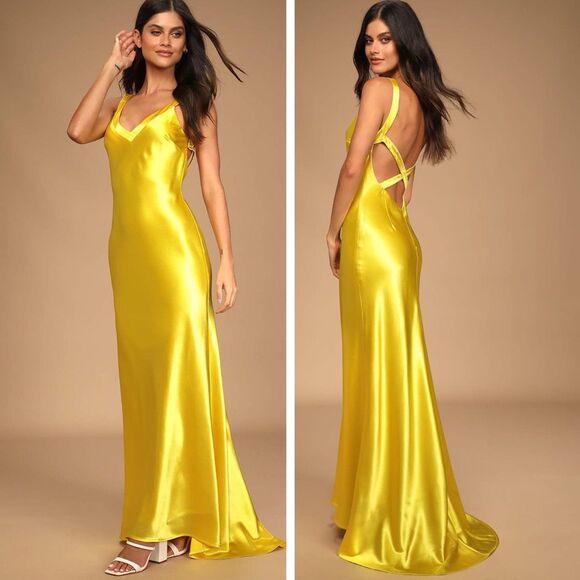 Lulus Perfectly Classy Yellow Satin Strappy Maxi Dress Size XS Formal Wedding - Picture 1 of 9